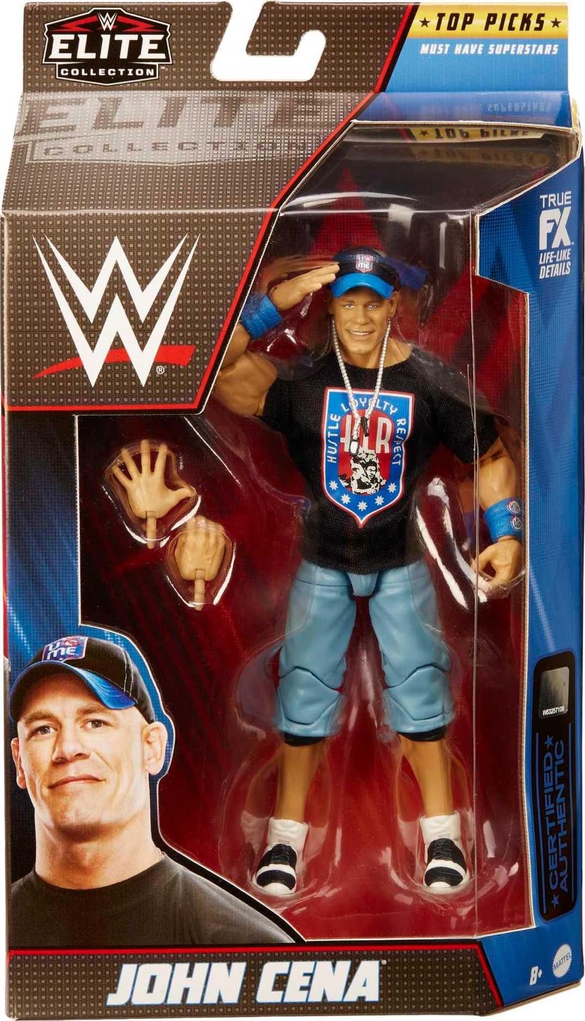 WWE Elite Collection action figure of John Cena, featuring blue shorts, a black t-shirt, a blue cap, and accessories, displayed in a red, black, and blue box.